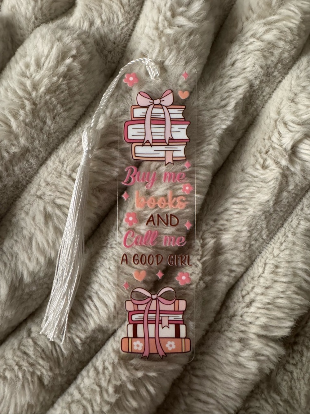 Pink Clear Acrylic Bookmark with Tassel - Buy Me Books Design